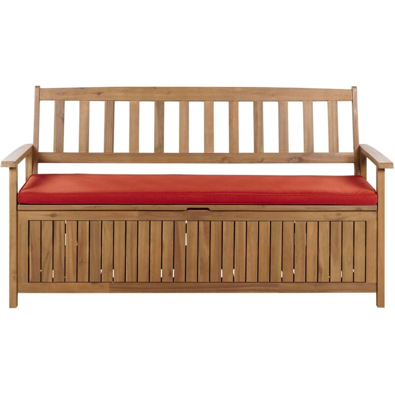 Beliani - Banc de Jardin Rustique avec Rangement en Bois d'Acacia Extérieur 160 cm Coussin Rouge Sovana