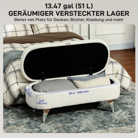 Banc de lit capitonné en velours peluche blanc avec structure métallique et couvercle de rangement, élégant et résistant pour entrée, chambre et salon