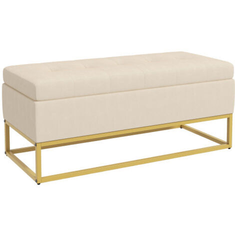 Banc de lit de rangement au fini velours beige avec couvercle à charnières et pieds en acier, élégant et pratique pour entrée et salon