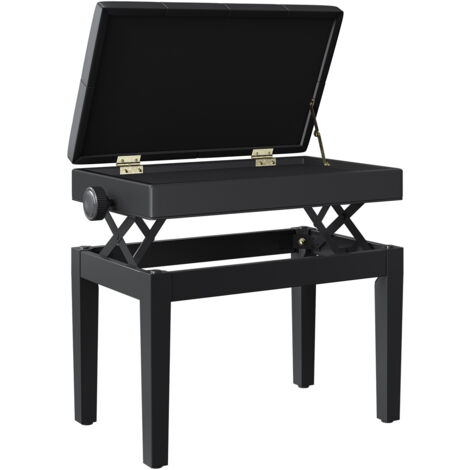 Banc de piano, banc de clavier réglable en hauteur en bois massif, tabouret piano avec compartiment caché, siège rembourré polyuréthane à 10 boutons, stable et antidérapant, charge 200kg, noir