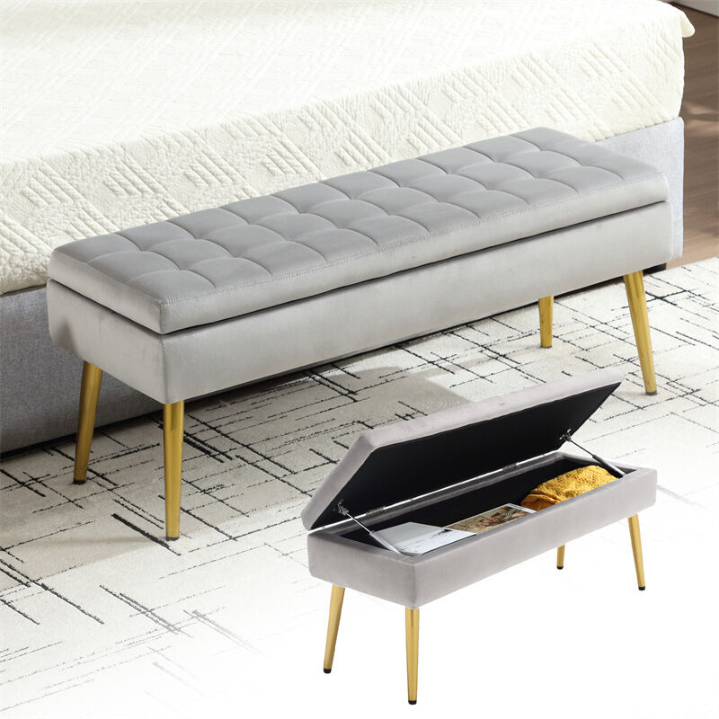 Fortuna Lai - Banc de rangement, 111x35x44.5cm, pieds en métal doré pour salon, à l'entrée, à la chambre à coucher, en velours gris