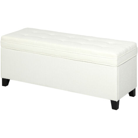 Banc de rangement 112L banquette bout de lit en tissu de lin, siège capitonné, 120 x 40 x 48 cm, crème