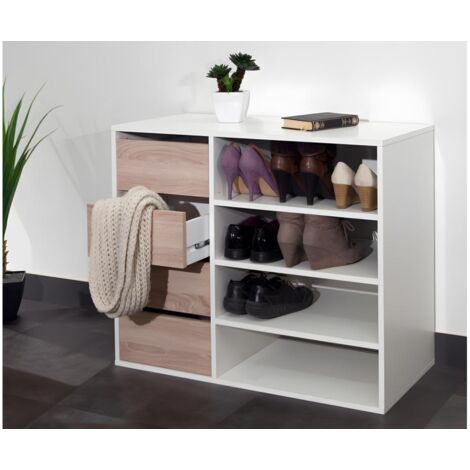 Banc de rangement 4 tiroirs pour entrée coloris blanc et chêne