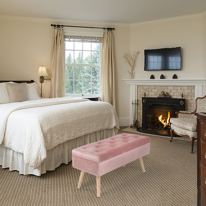 Banc de Rangement 80 x 35 x 40 cm, Coffre de Rangement ,Tissu en Velours, Pieds en Bois, pour Salon, Chambre, Entrée , Rose