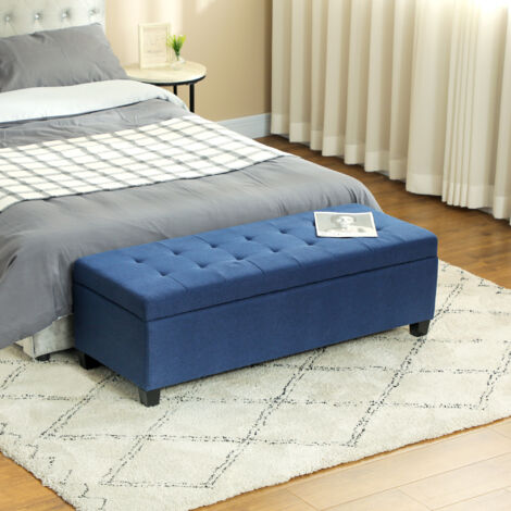 Banc de rangement 94.5L banquette bout de lit en tissu aspect lin et pieds en bois. 125 x 49 x 41.5 cm. bleu