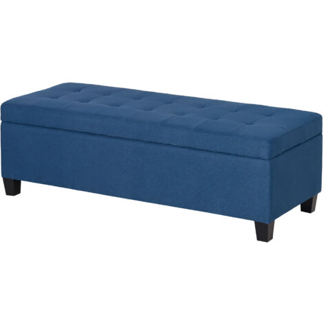 Banc de rangement 94,5L banquette bout de lit en tissu aspect lin et pieds en bois, 125 x 49 x 41,5 cm, bleu