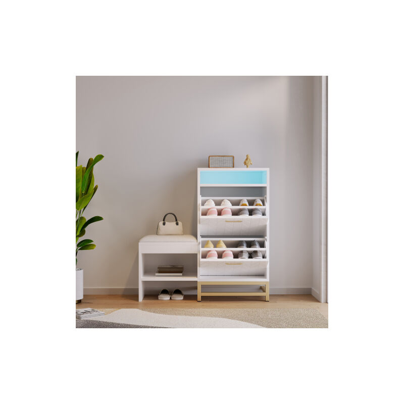 Banc de Rangement à Chaussure Meuble d'entrée Porte à Treillis avec Espace de Rangement Armoire à Chaussures avec Coussin,Blanc,100x30x102cm