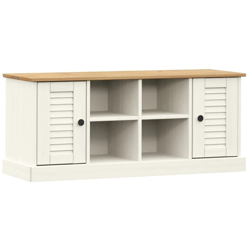 Banc de rangement à chaussures avec 4 compartiments et 2 petites armoires avec porte 106 x 35 x 45 cm en bois de pin blanc DEC024962