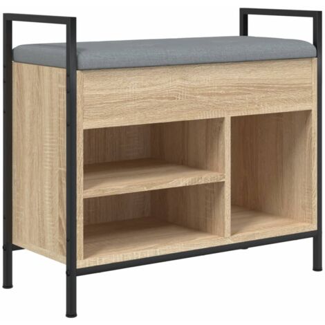 Banc de rangement à chaussures avec coussin d'assise gris et étagères 65,5 x 32 x 57,5cm bois d'ingénierie couleur chêne sonoma DEC024892