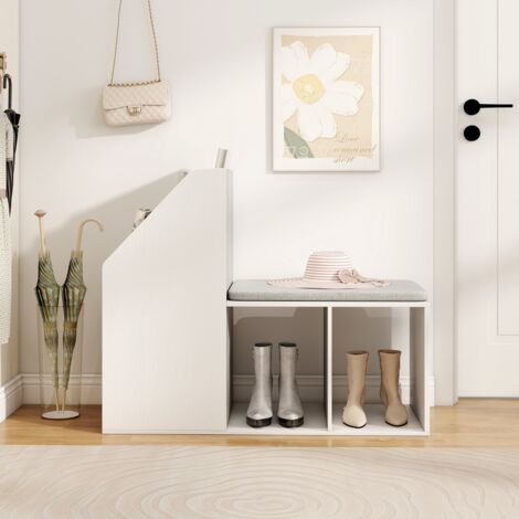 Banc de Rangement à Chaussures avec Coussin de Siège Amovible Banc d'Entrée avec 3 Compartiments Inférieurs et 3 Latéraux Blanc
