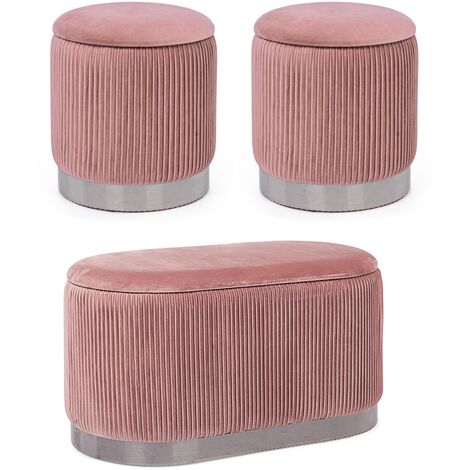 Banc de rangement avec 2 poufs tissu rose Paz