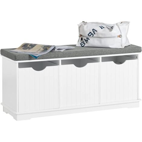 Banc de Rangement avec 3 Cubes et Coussin Rembourré, Banquette d’Entrée Confortable en MDF avec Coffres en Bambou 100x36x46 cm, Charge 120 kg, Blanc, SoBuy FSR30-W