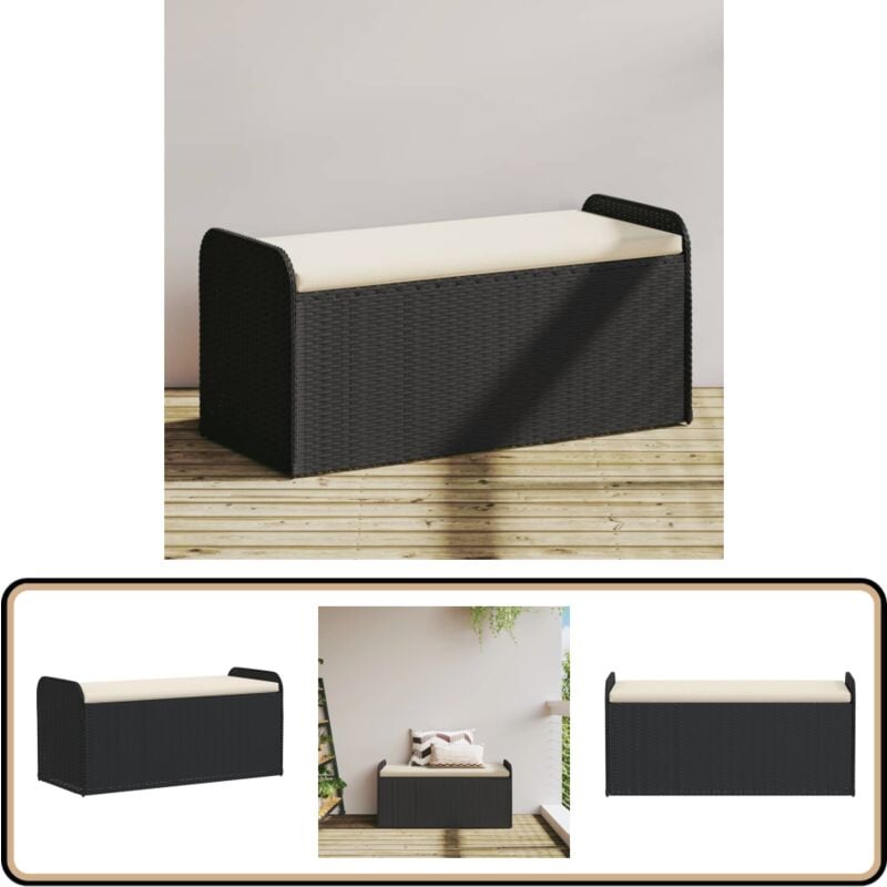Banc de rangement avec coussin noir 115x51x52 cm résine tressée - Banc De Jardin - Meuble De Jardin - Rangement Extérieur - Coffre De Jardin - Résine