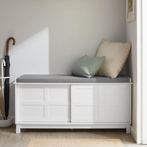 Banc de Rangement avec Coussin Rembourré, Banquette Confortable À Chaussures avec 2 Portes Coulissantes, Meuble Bas pour Entrée, Couloir ou Salon