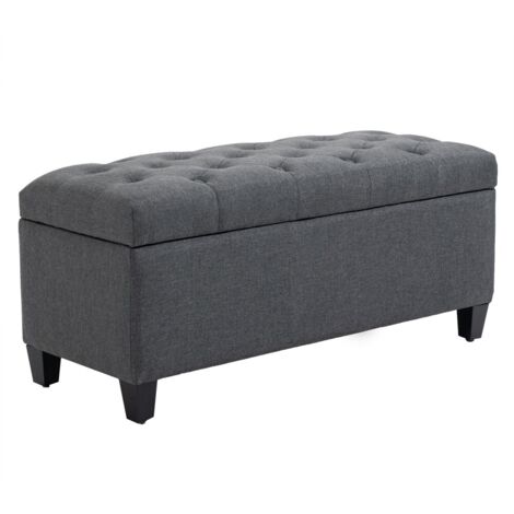 Banc de Rangement avec Coussin - Tissu Polyester Lin et Structure Bois - 100x40x44 cm - Gris Foncé - Usage Intérieur et Extérieur