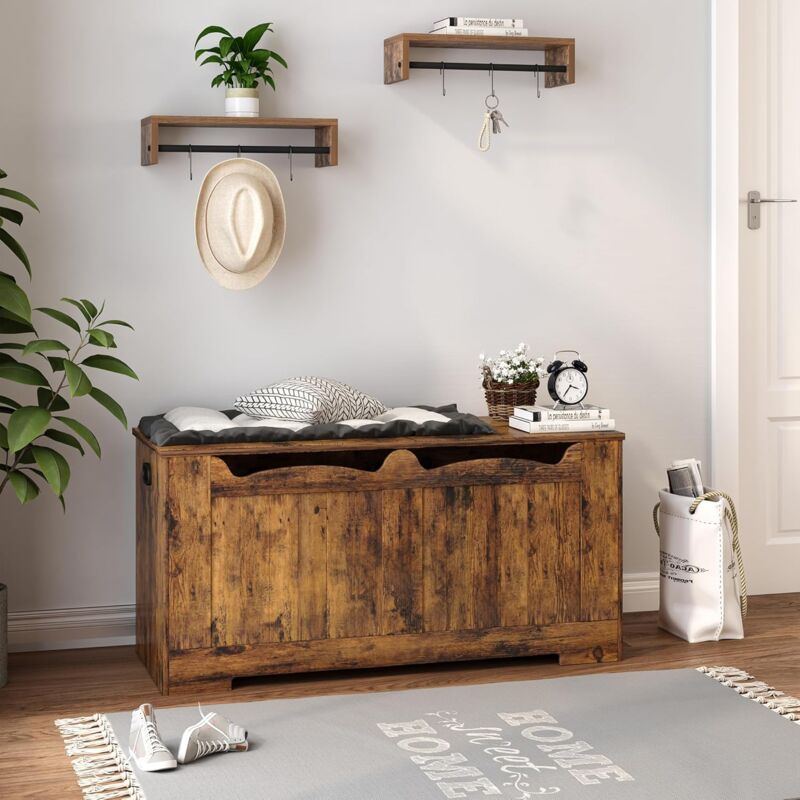 Banc de rangement 40 x 100 x 48,7 cm – Panneau d’aggloméré brun vintage – Capacité 136 kg – Charnières rétro sécurisées