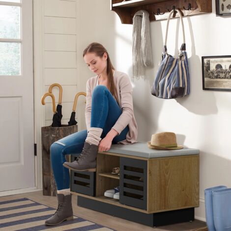 Maisonchic – Banc de rangement à chaussures 99,5 x 34,5 x 46 cm – 3 étagères réglables – 2 portes coulissantes – Siège rembourré 85 kg - CW4379