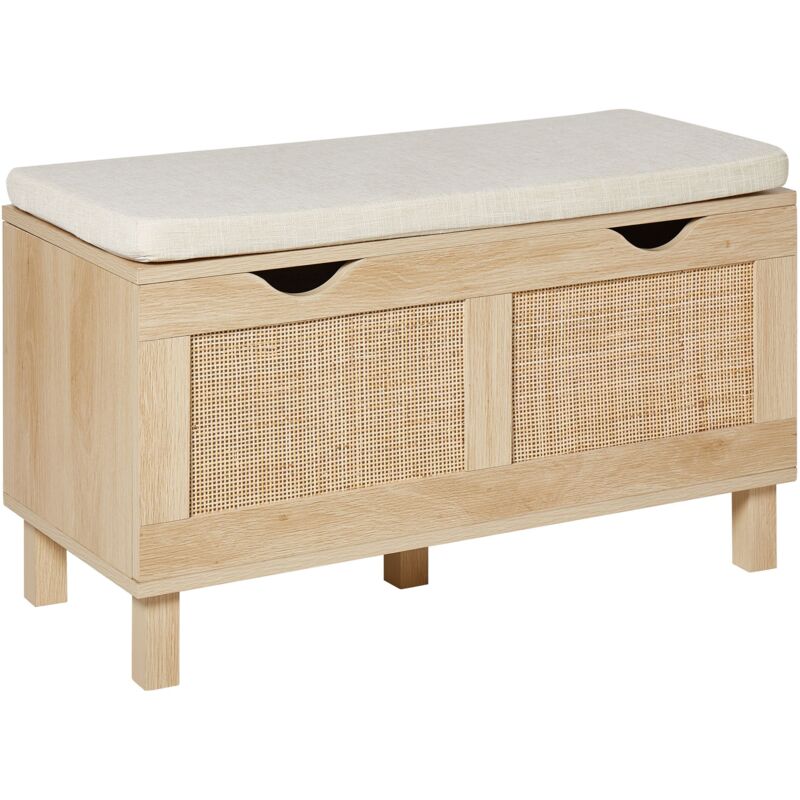 Banc de Rangement Boho en Bois d'Ingénierie Façades Tressées Bois Clair Washington