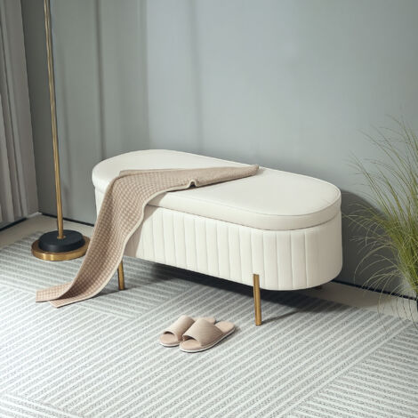 Banc de rangement. bout de lit en velours avec couvercle. pieds en métal. capacité 72 L. 108x44x43.5cm. crème