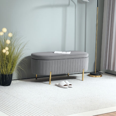 Banc de rangement. bout de lit en velours avec couvercle. pieds en métal. capacité 72 L. 108x44x43.5cm. gris