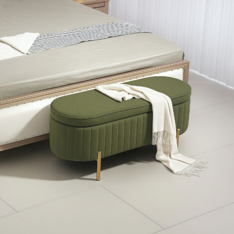 Banc de rangement, bout de lit en velours avec couvercle, pieds en métal, capacité 72 L, 108x44x43,5cm, vert foncé