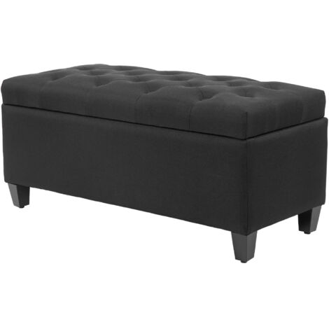 Banc de rangement, coffre-banc, polyester aspect lin, bois d'hévéa, noir, 100 x 40 x 44 cm
