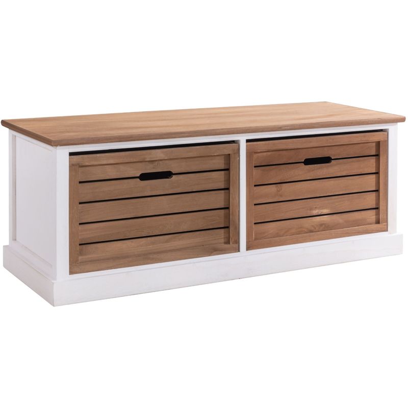 Banc De Rangement Cornelia Meuble Bas Coffre Avec 2 Caisses En Bois De Paulownia Blanc Et Brun Style Maison De Campagne 95179