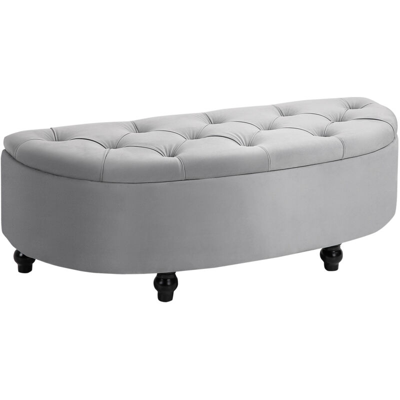 Banc de rangement design capitonné demi-cercle, bout de lit velours, pieds bois d’hévéa, salon chambre entrée, 120x46x42 cm, gris