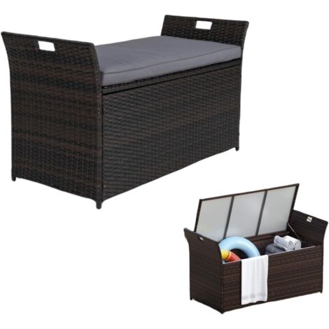 Banc de rangement en rotin PE, tabouret avec coussin amovible et poignées latérales, coffre de rangement de 260 litres pour une utilisation intérieure et extérieure, pour jardin, piscine, terrasse, co