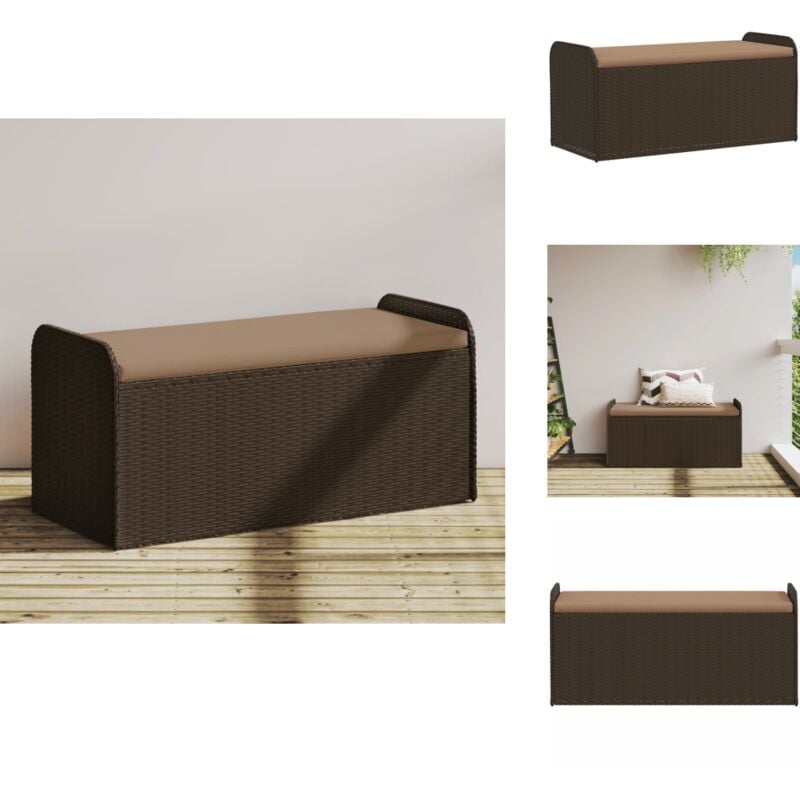 Banc de rangement et coussin marron 115x51x52 cm résine tressée - Banc De Jardin - Meuble De Jardin - Rangement Extérieur - Banc Coffre - Résine