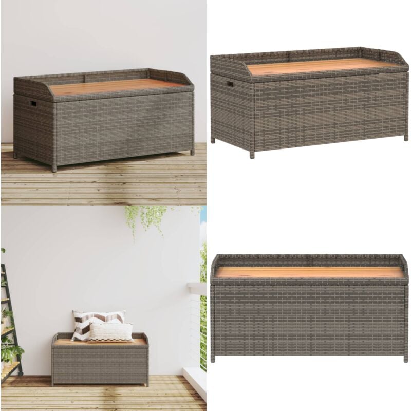 Banc de rangement gris résine tressée et bois d'acacia - Banc De Jardin - Banc De Rangement - Mobilier De Jardin - Résine Tressée - Coffre De