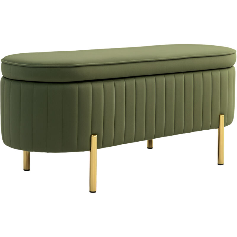 Homcom – Banc de rangement avec couvercle relevable – Tissu velours vert foncé – Rangement 72L – Dimensions 108x44x43,5cm – Pieds en métal dorés