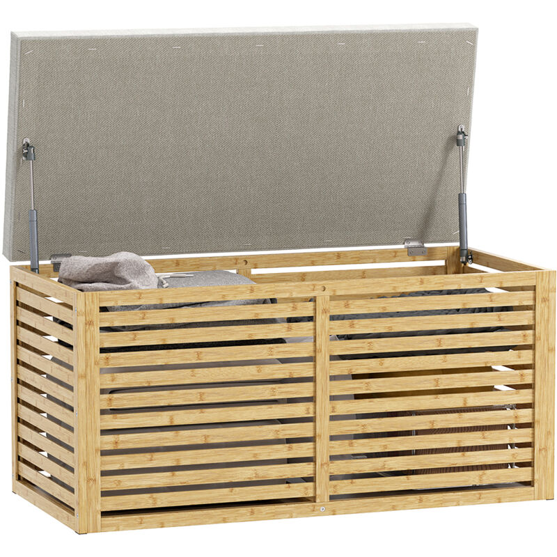 Banc de rangement - HOMCOM - rembourré tissu aspect lin - couvercle et structure en bambou - 90 x 42 x 43 cm - gris et naturel