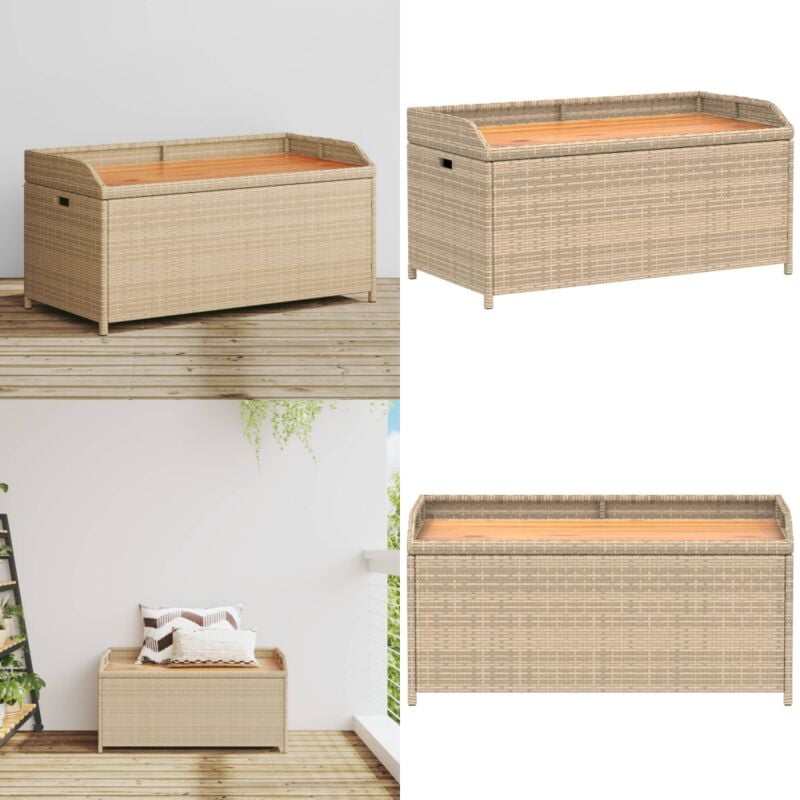Banc de rangement mélange beige résine tressée et bois d'acacia - Banc De Jardin - Mobilier De Jardin - Rangement Extérieur - Coffre De Jardin