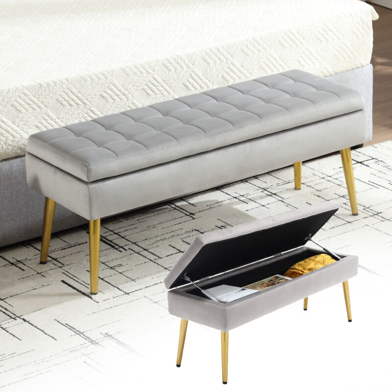 Redom - Banc de rangement minimaliste moderne avec pieds en métal doré, banc en velours rembourré, banc de chevet multifonctionnel facile à assembler