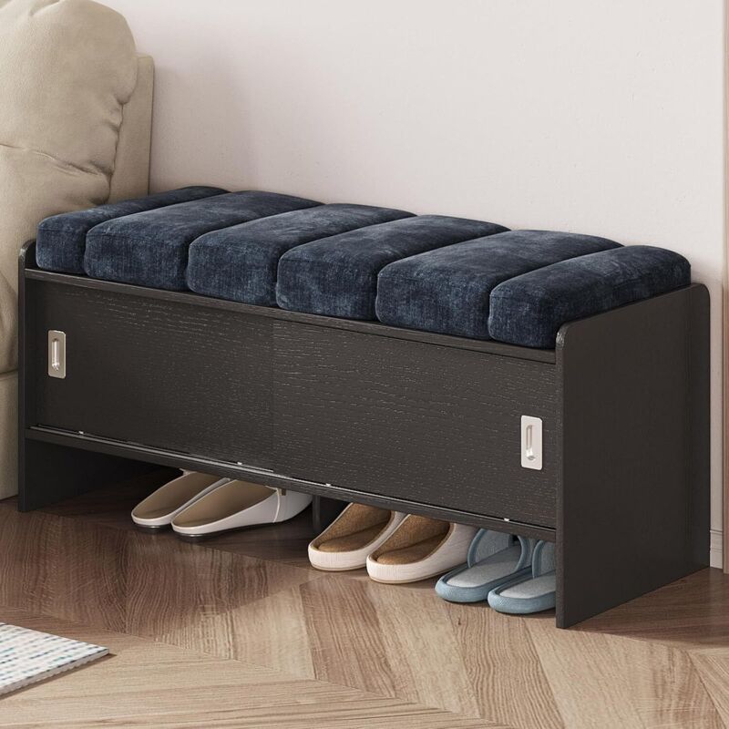 Banc de Rangement Moderne avec Portes coulissantes et Assise rembourrée, Banc à Chaussures pour entrée, Couloir ou Chambre