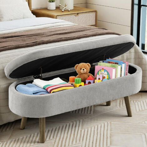 Banc de rangement multifonction, tissu Chenille doux, pieds en bois, cadre en bois massif, 20L de rangement, 110x40x42cm, pour chambre, salon, banc à chaussures, entrée, Gris