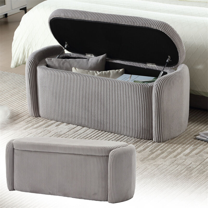 Fortuna Lai - Banc de rangement multifonctionnel, 112x41x42cm, adapté au salon, à l'entrée, à la chambre à coucher, en velours gris clair