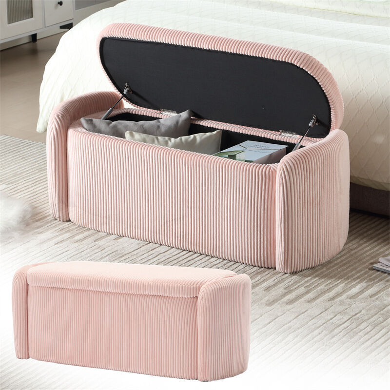 Banc de rangement multifonctionnel, 112x41x42cm, adapté au salon, à l'entrée, à la chambre à coucher, en velours rose
