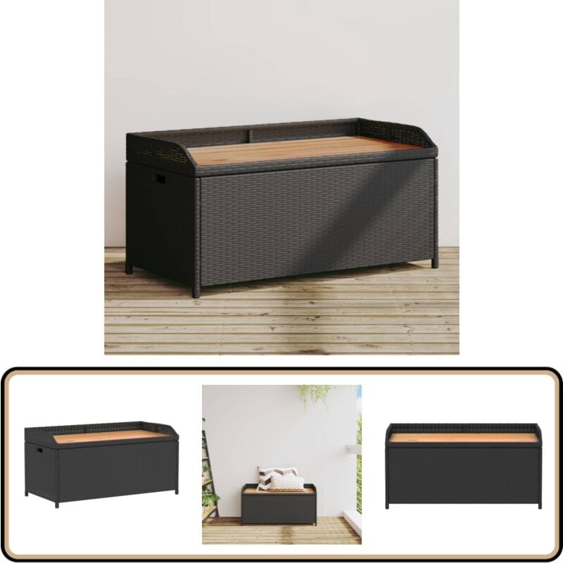 Banc de rangement noir résine tressée et bois d'acacia - Banc De Jardin - Banc De Rangement - Mobilier De Jardin - Résine Tressée - Coffre De