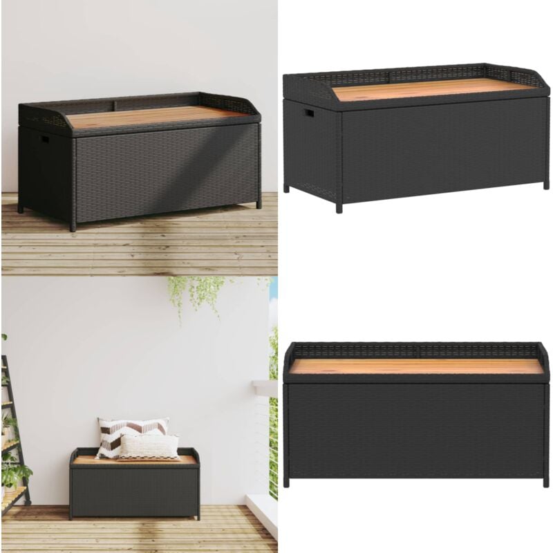 Banc de rangement noir résine tressée et bois d'acacia - Banc De Jardin - Banc De Rangement - Mobilier De Jardin - Résine Tressée - Coffre De