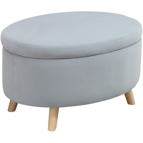 Banc de rangement ovale gris 71x51,5x42 cm en velours. Pieds en bois massif, charge 120 kg, meuble multifonction pour entrée et salon.