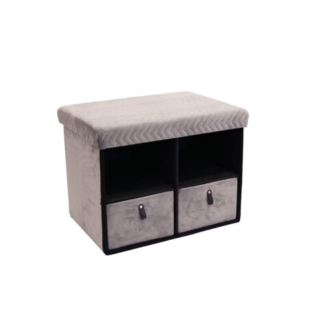 The Home Deco Factory – Banc pliable avec tiroirs – Revêtement velours gris – Dimensions L. 50 x l. 38 x H. 38 cm – Supporte jusqu'à 110 kg