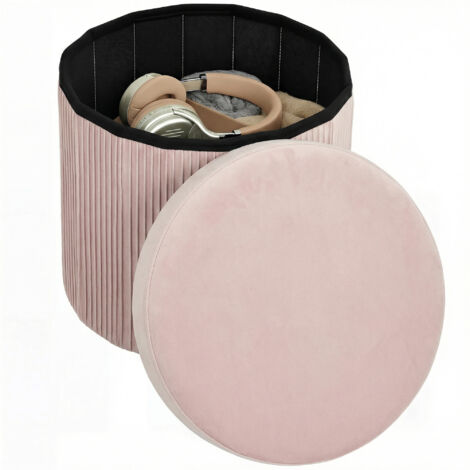 Banc de rangement pliant Puff Storage 35L (38 x 38 x 38 cm) recouvert de velours rose rond.
