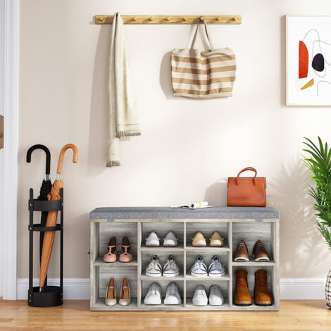 Banc de rangement pour chaussures Cubby avec coussin amovible Banc d'entrée à trois niveaux et dix compartiments 41 pouces, gris