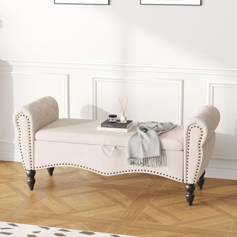 Banc de rangement pour salon, coffre de lit/pouf, banc à chaussures rembourré avec accoudoirs pour chambre, salon, couloir, lin, beige