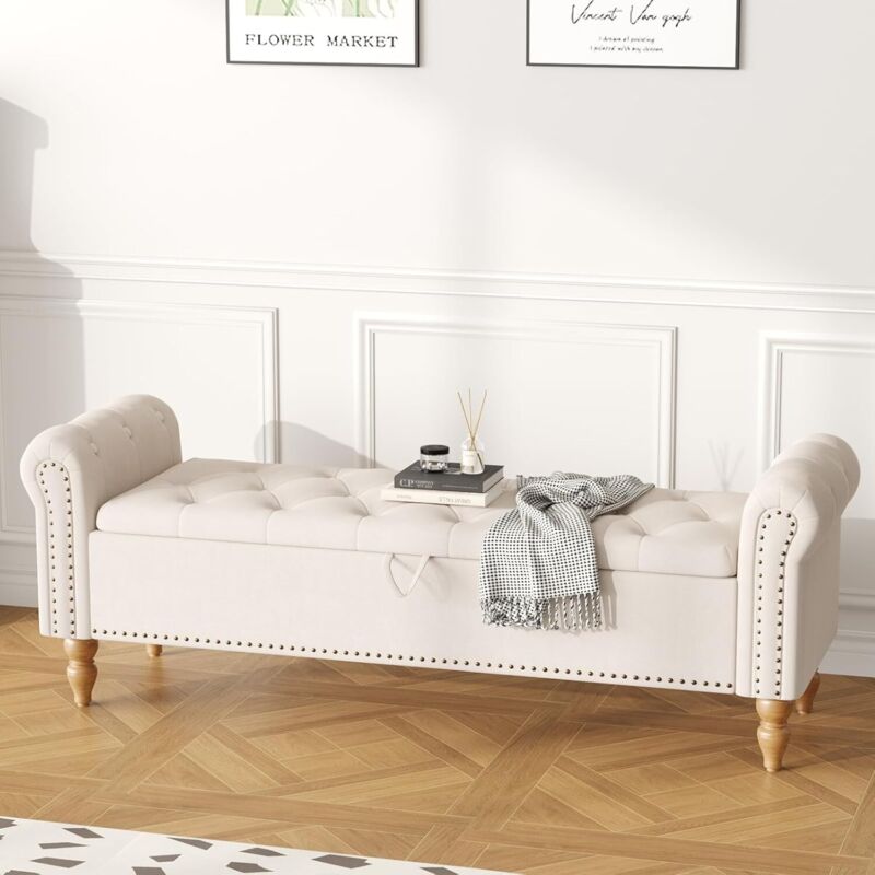 Banc de rangement pour salon, coffre de rangement ottoman au pied du lit, banc à chaussures rembourré avec accoudoirs pour chambre, salon, entrée,