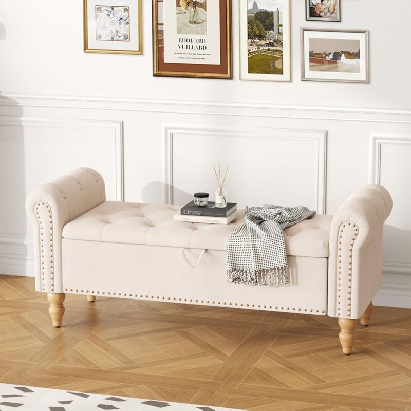 Banc de rangement pour salon, pouf de lit avec coffre de rangement au pied du lit, banc rembourré, banc à chaussures avec accoudoirs pour chambre,
