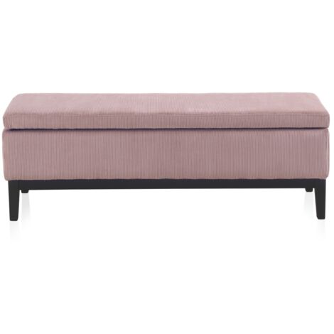 Banc de rangement rembourré rose pastel avec pieds en bois noir