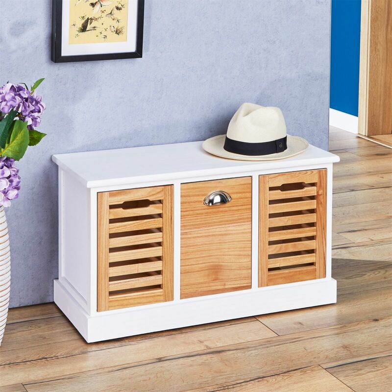 Banc De Rangement Trient Meuble Bas Coffre Avec Assise Coussin Rembourre Et 3 Caisses En Mdf Et Bois De Paulownia Blanc Naturel 94884